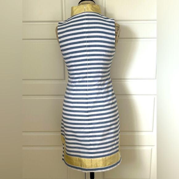 Eliza J Striped Mandarin Collar Sleeveless Shift Dress in Blue White coastal s 2 - Picture 4 of 9
